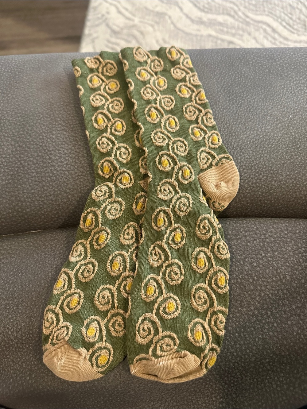 Unisex Patterned Health Green Crew Socks with Tan Accents